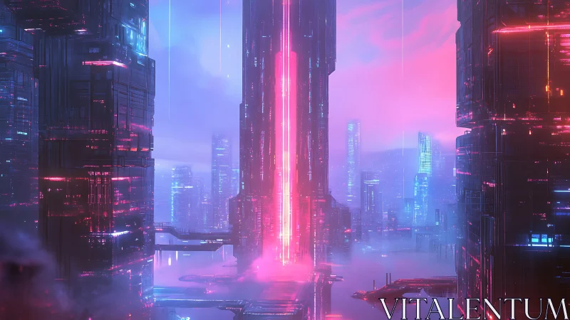 Neon-lit megacity skyline surrounds central vertical energy core