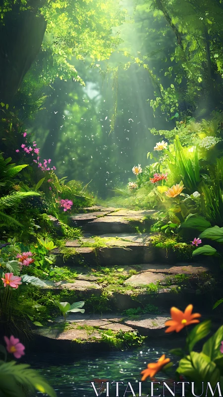 Sunlit stone path ascending through lush fantasy forest.