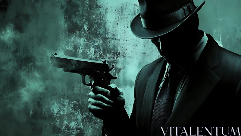 Silhouetted man in suit holds smoking pistol in moody light