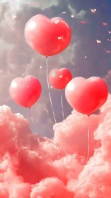 Red heart-shaped balloons suspended in cloud formation.