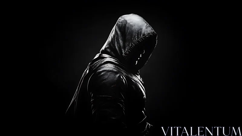 Hooded figure in dark minimalist low key portrait.