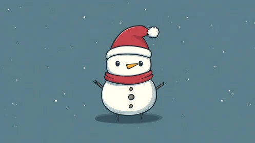 Vector cartoon snowman with Santa hat in minimal snowfall field.