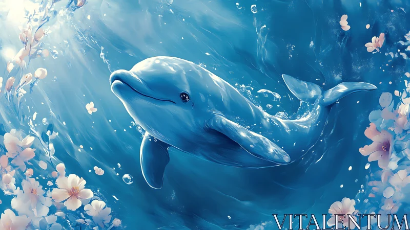 Iridescent dolphin glides through floral-tinted ocean light.