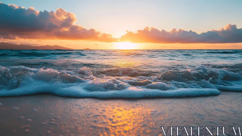 Sunlit surf rolling onto tranquil tropical shoreline at dusk.