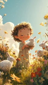 Child with white rabbits in sunlit wildflower meadow illustration