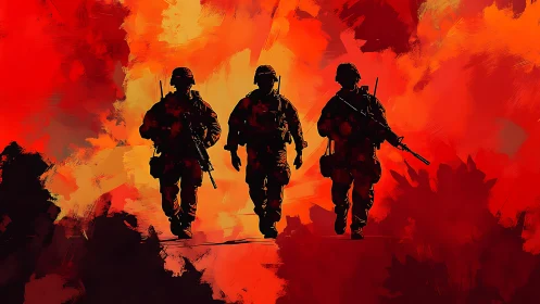 Silhouetted soldiers advancing through abstract red inferno.