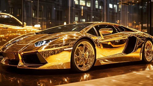 Gold chrome supercar reflects showroom lights and cityscape