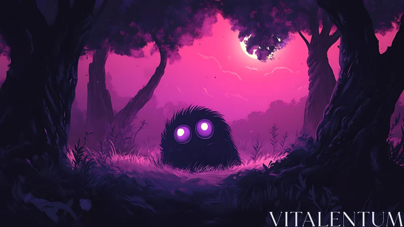 Moonlit fluff creature waits in neon violet dreamwoods.