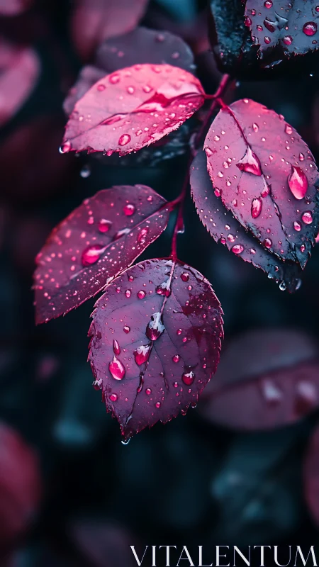 Water droplets on pink and purple leaves in close-up focus.