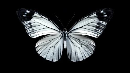Monochrome butterfly wings glowing in a velvet black night.
