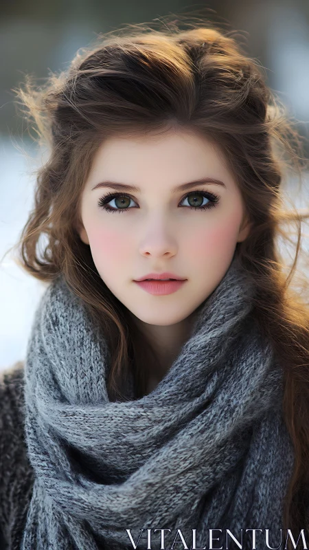 Winter portrait of serene girl in soft knitted scarf.