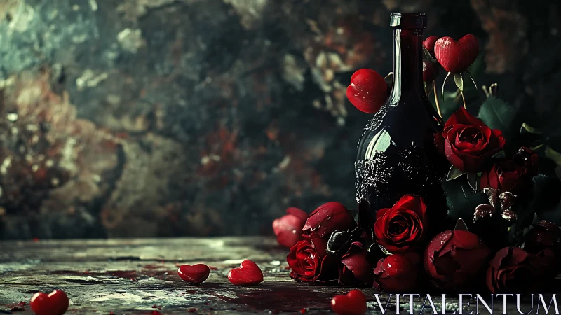 Dark wine bottle arranged with red roses and heart decorations