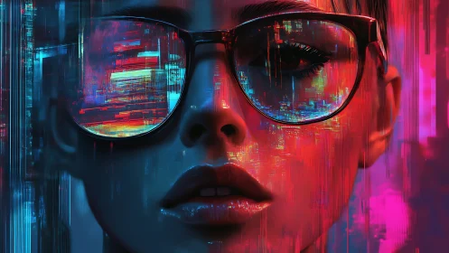 Neon-graded cyberpunk portrait shows glitch-lit glasses reflections