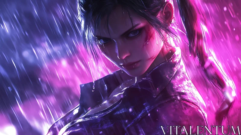 Female figure in rain with magenta and blue lighting.
