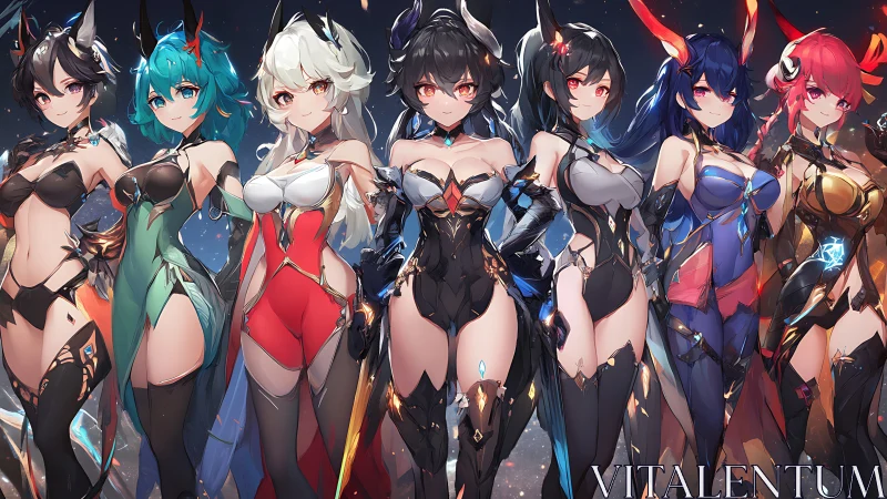 Seven horned heroines align in luminous sci fi armor.