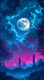 Moonlit dreamscape over a quiet, mysterious valley at dusk.