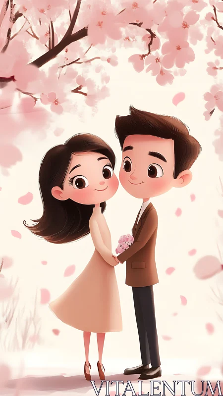 Young Couple Under Cherry Blossoms in Spring.