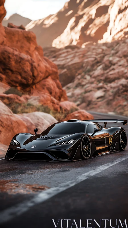 Sleek black supercar glides through warm desert canyon road