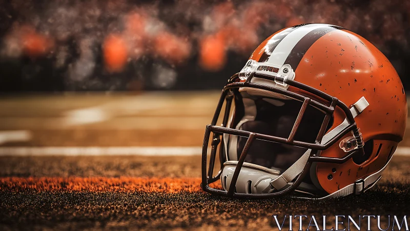 Gridiron helmet on turf with cinematic shallow depth of field.