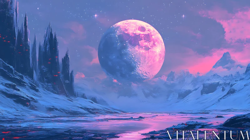 Moonrise pours neon frostlight across alien glaciers