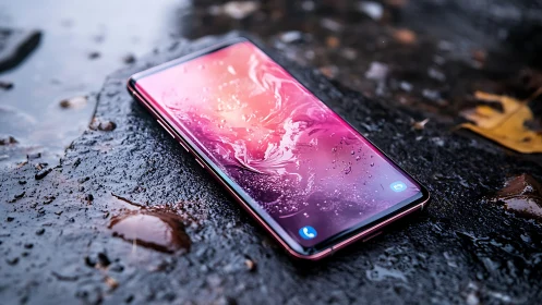 Pink smartphone on wet surface with water droplets
