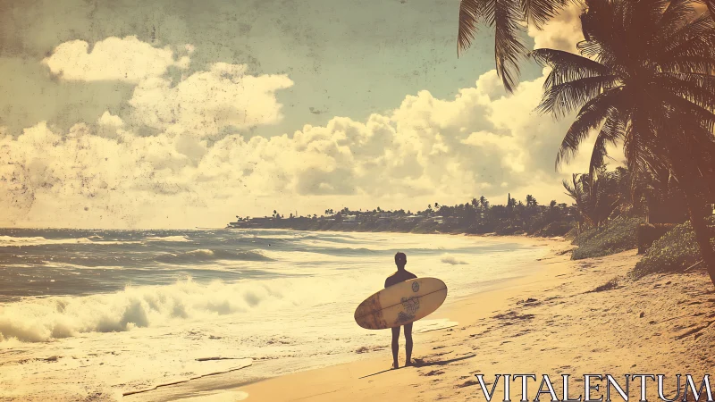 Sunlit surfer pauses on a dreamy palm-lined shoreline.