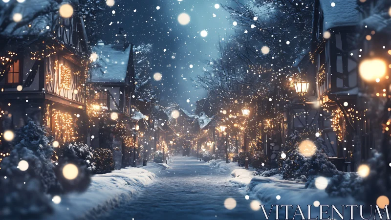 Snow covered village street with illuminated houses at night.