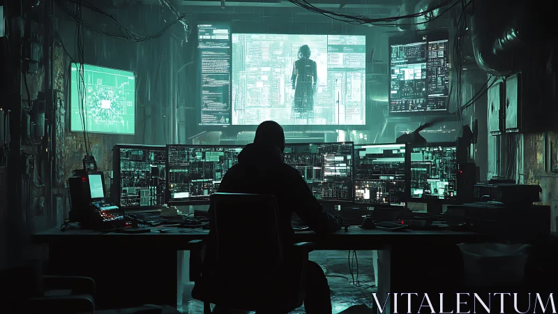 Lone hacker monitors neon data wall in cyberpunk bunker.
