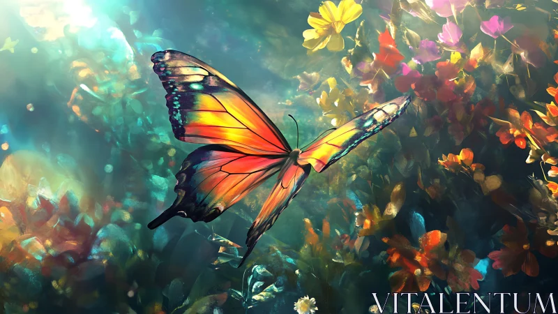 Radiant butterfly glides through luminous enchanted garden.