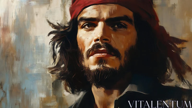 Bearded sailor gazes upward under red bandana in warm light