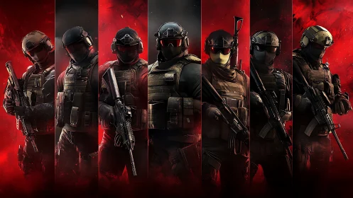 United tactical squad standing strong in vivid red light.