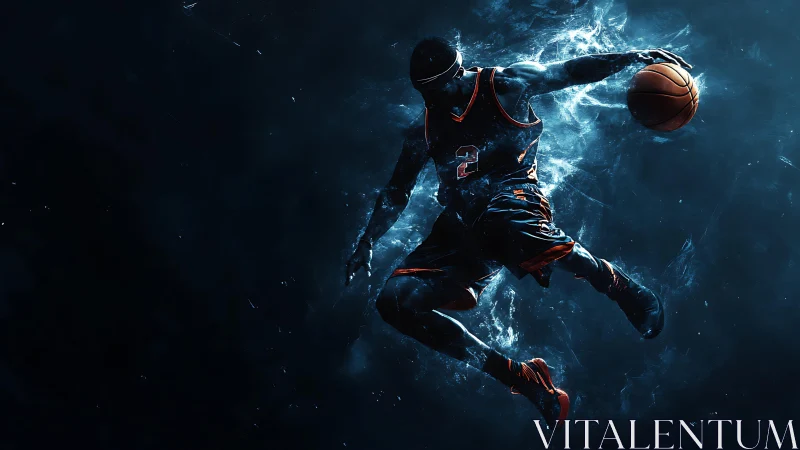 Dynamic neon-lit basketball dunk rendered in kinetic digital art