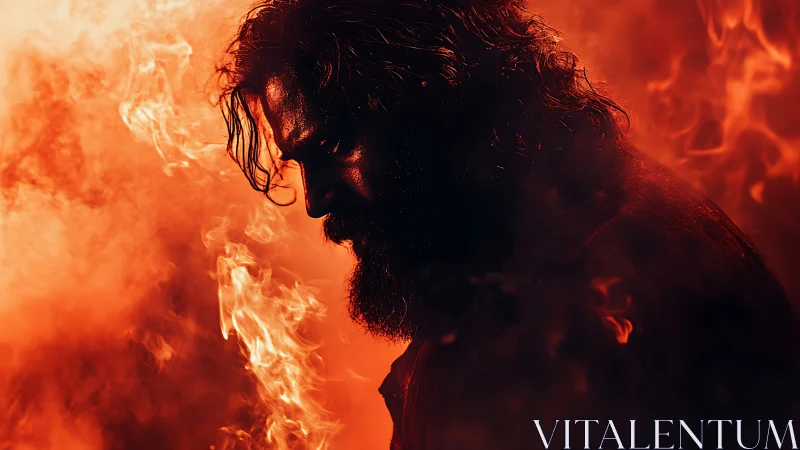 Silhouetted bearded man stands in intense surrounding flames
