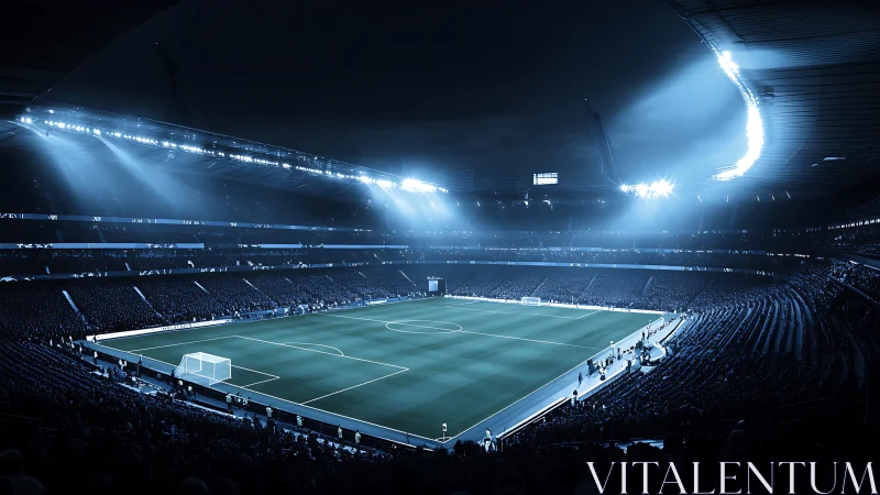Midnight floodlights cradle a vast expectant football cathedral