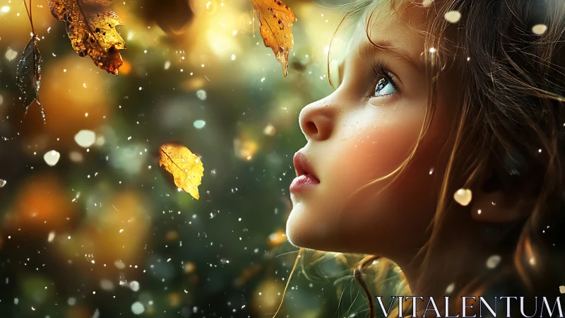 Child's Wonder Beneath Falling Autumn Leaves and Golden Light