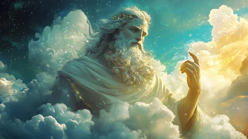 Mythic robed figure emerging from illuminated cloudscape.