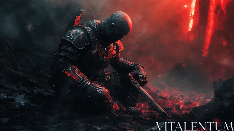 Exhausted crimson knight kneels where the battlefield still burns