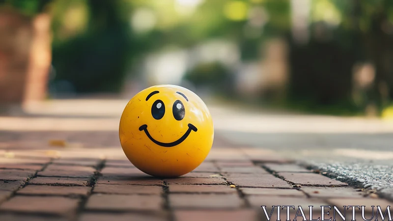 Sunlit smiley ball resting on warm brick path of joy.