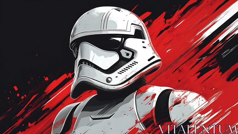 Armored sci‑fi soldier in white helmet on red field.