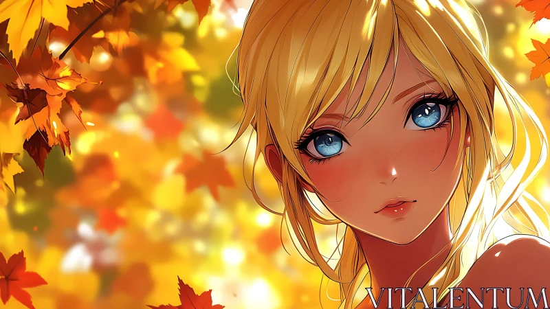 Golden autumn portrait of blue-eyed blonde anime girl.