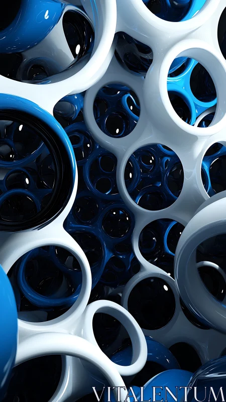 Interlocking blue white tubular rings form glossy lattice