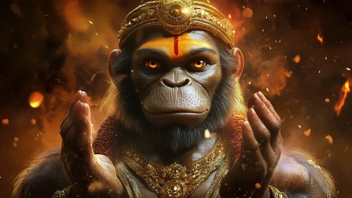 Regal monkey deity bathed in glowing embers and warmth.