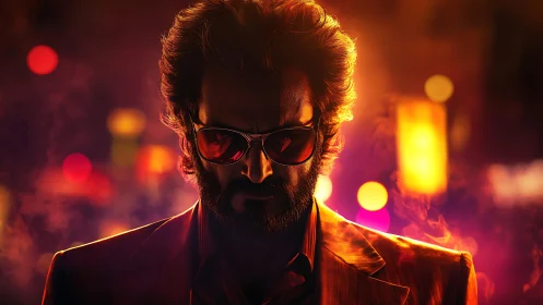 Brooding man in neon smoke with cinematic backlight glow.