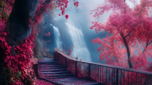 Pink forest walkway overlooking misty twin waterfalls.