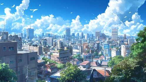 Sunlit city rooftops under a daydream of towering clouds.