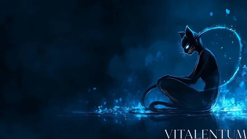 Cybernetic neon cat silhouette in luminescent blue void.