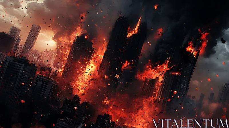 Urban highrise firestorm under catastrophic structural failure.