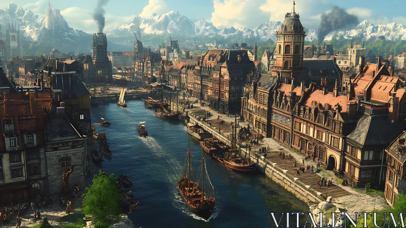 Renaissance riverside trading port with galleons and alpine backdrop