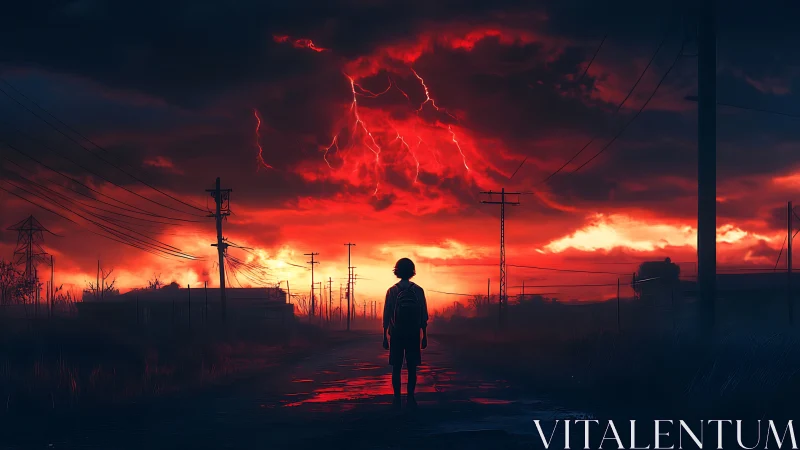 Lone child gazing at a storm lit sky of glowing red clouds.