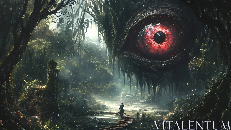 Colossal crimson forest eye watching lone wanderers below.